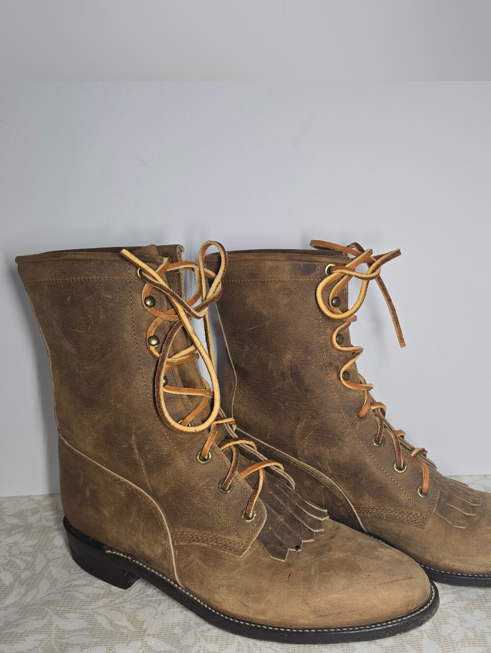 Justin Boots Brown Lace-Up Leather Fringe Ankle Boots